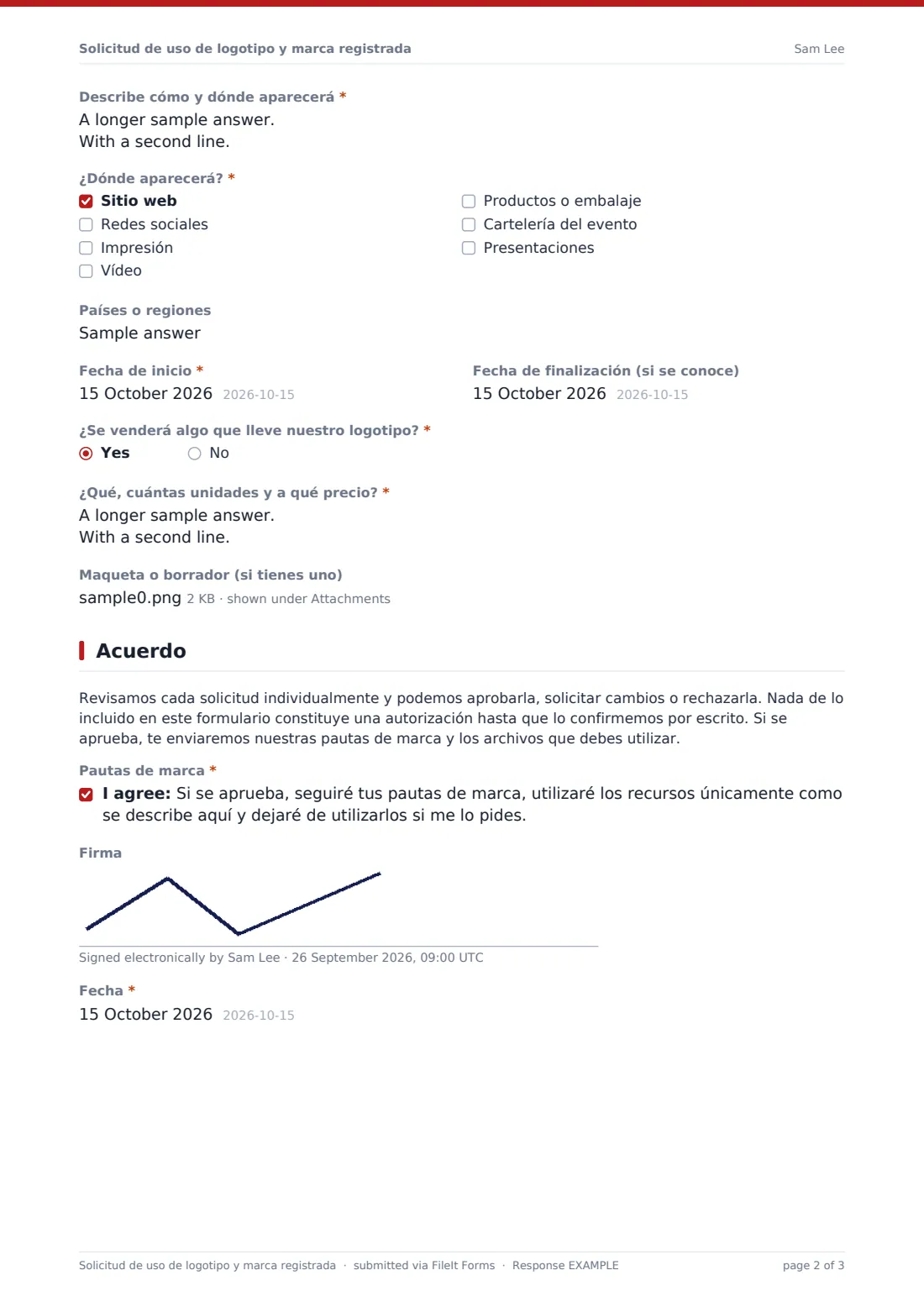 Solicitud de uso de logotipo y marca registrada — PDF de respuesta de ejemplo, página 2 de 3