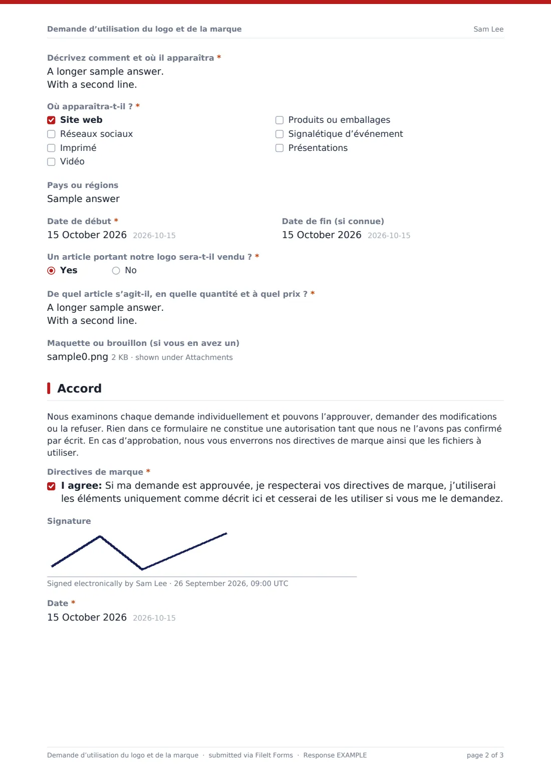 Demande d’utilisation du logo et de la marque — exemple de réponse au format PDF, page 2 sur 3