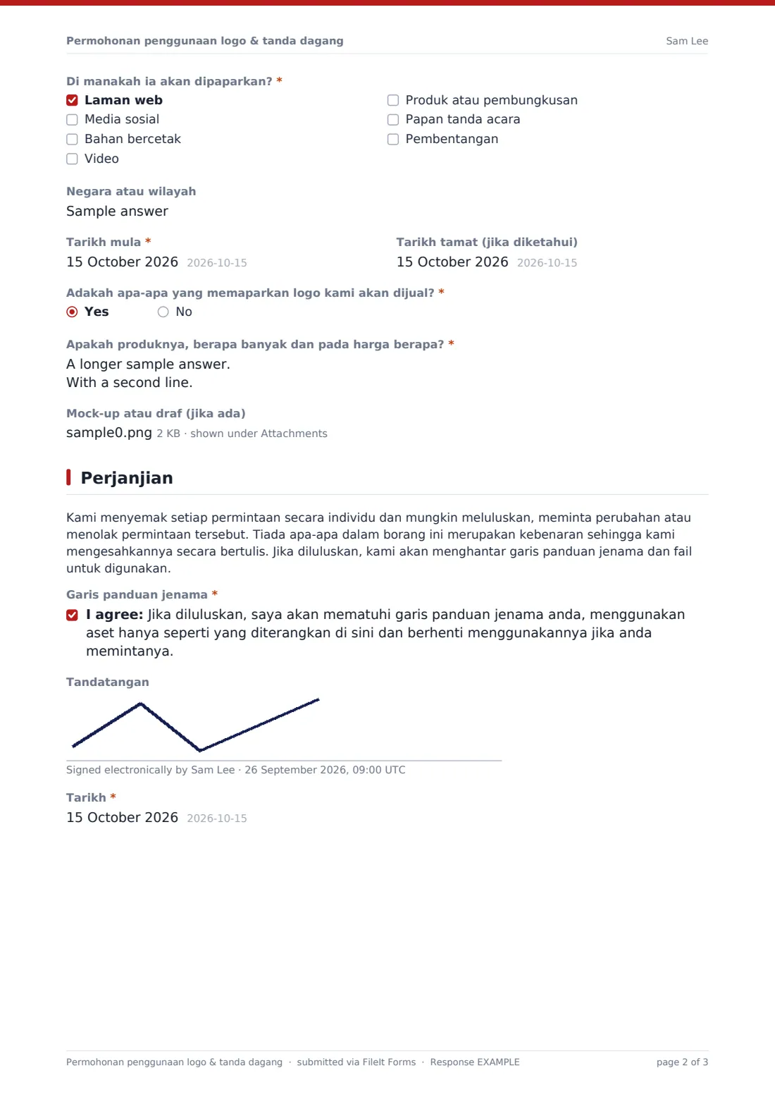 Permohonan penggunaan logo & tanda dagang — PDF respons contoh, halaman 2 daripada 3