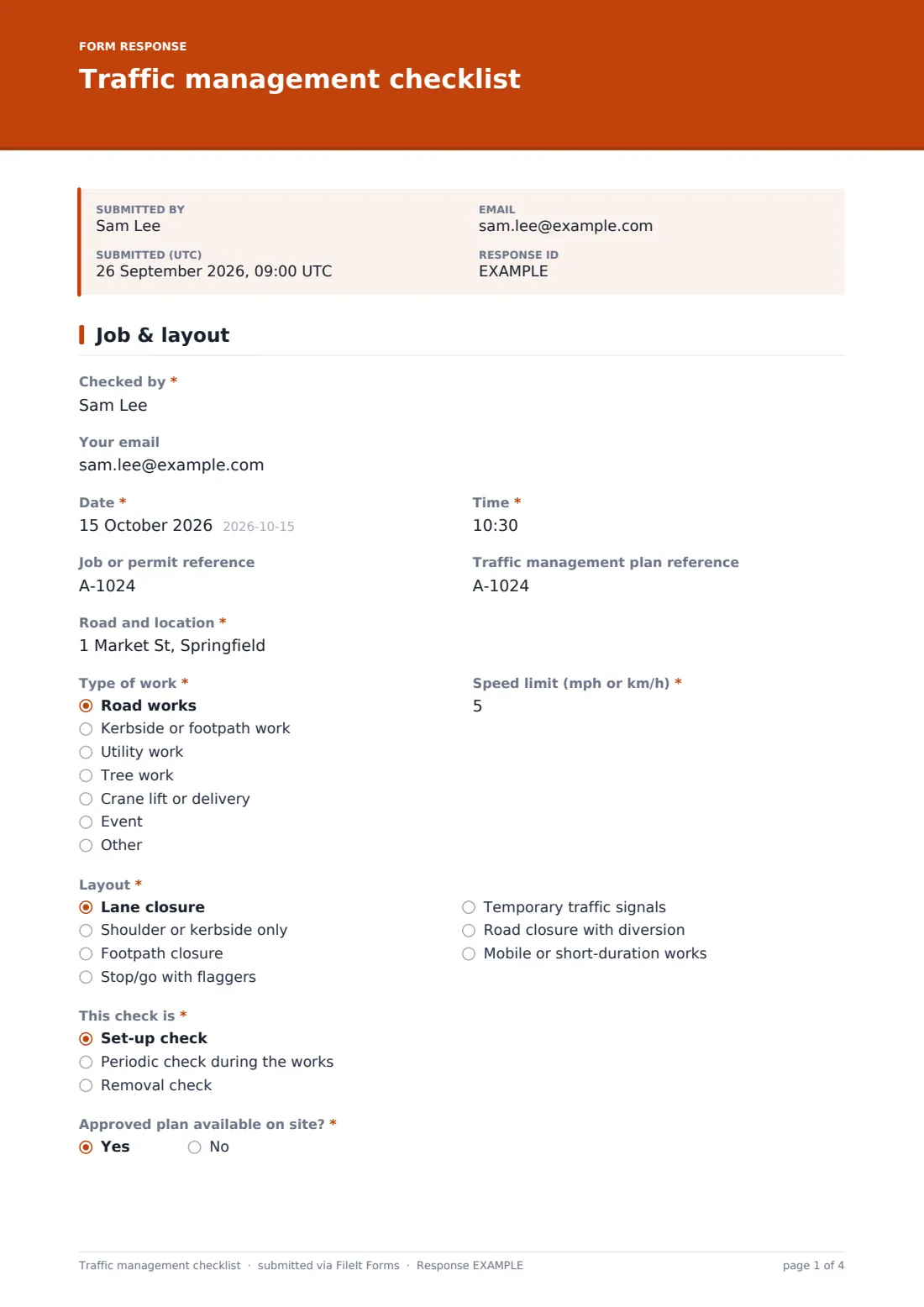 Traffic management checklist — example response PDF, page 1 of 4