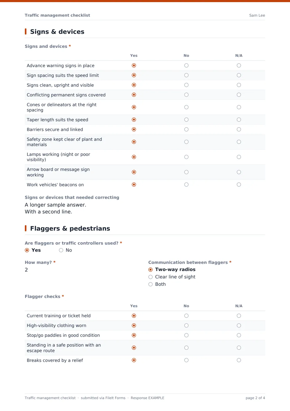 Traffic management checklist — example response PDF, page 2 of 4