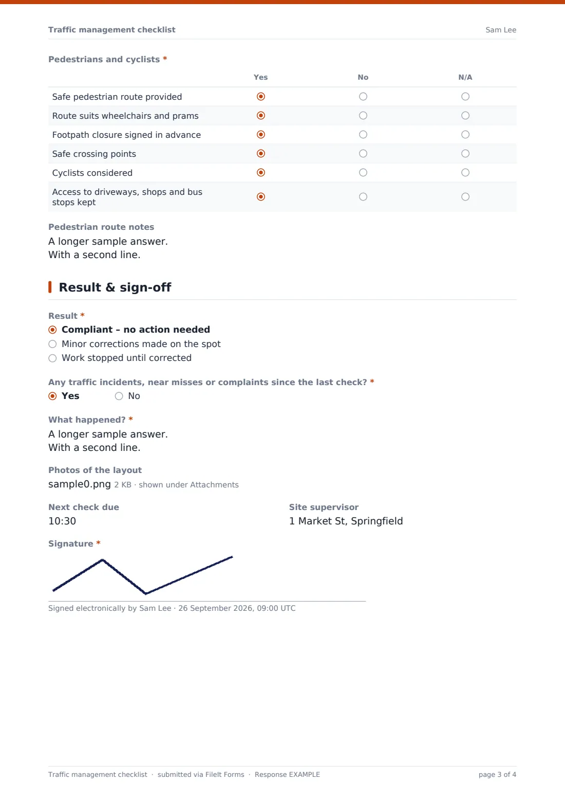 Traffic management checklist — example response PDF, page 3 of 4
