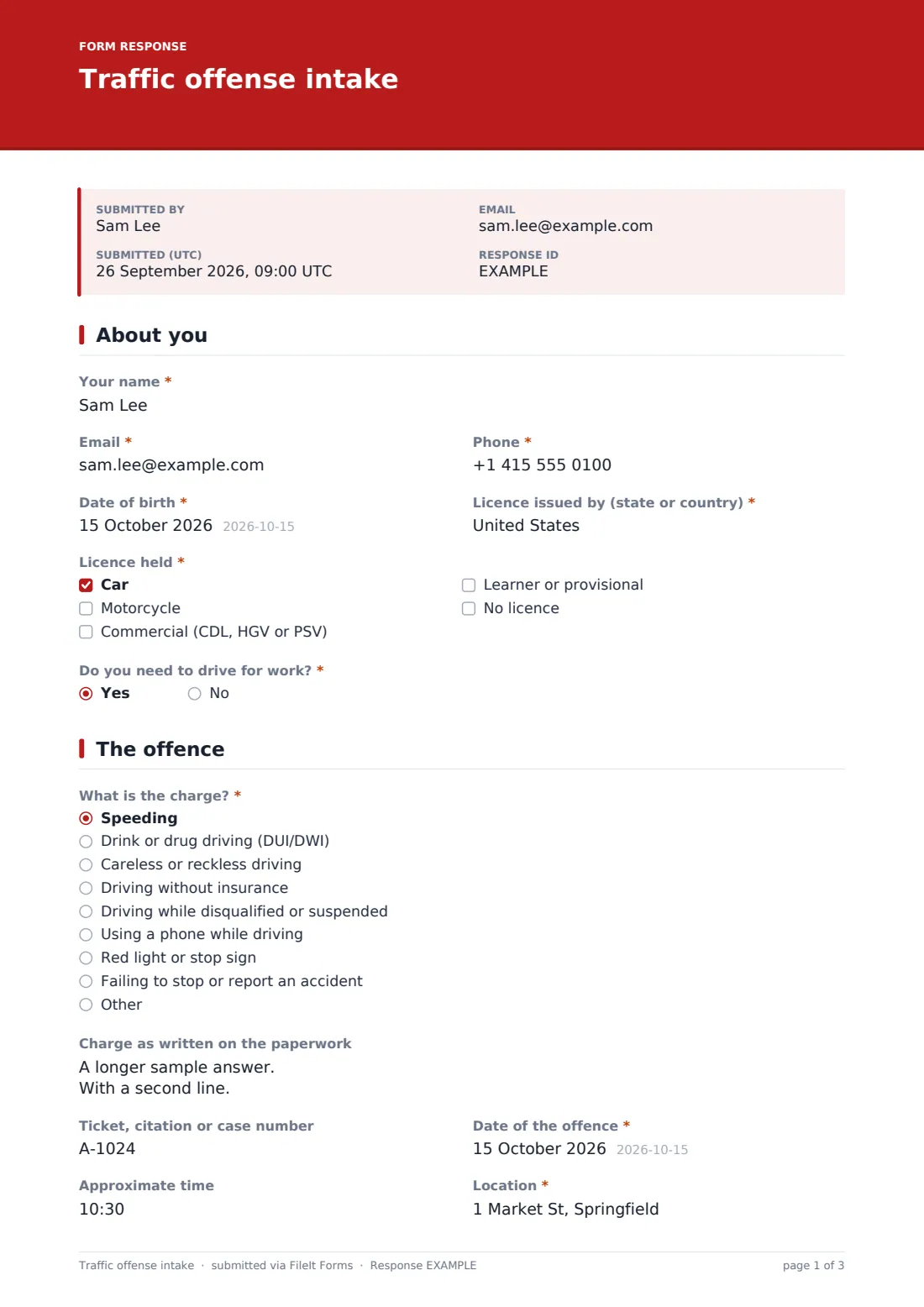 Traffic offense intake — example response PDF, page 1 of 3