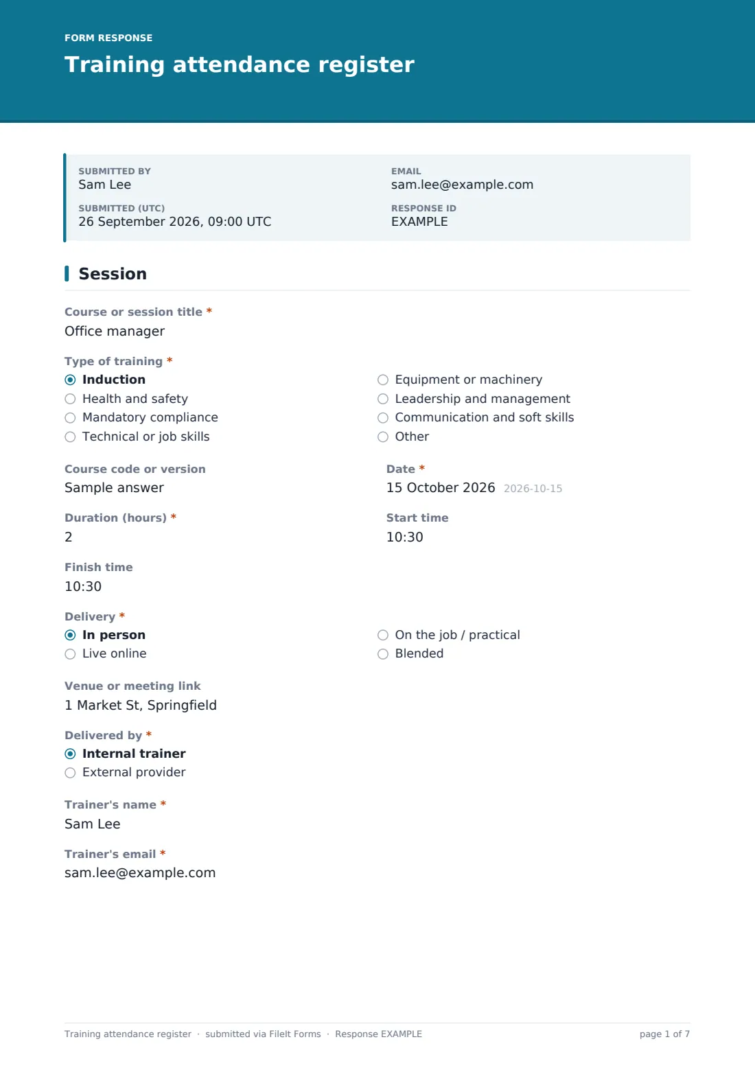 Training attendance register — example response PDF, page 1 of 7