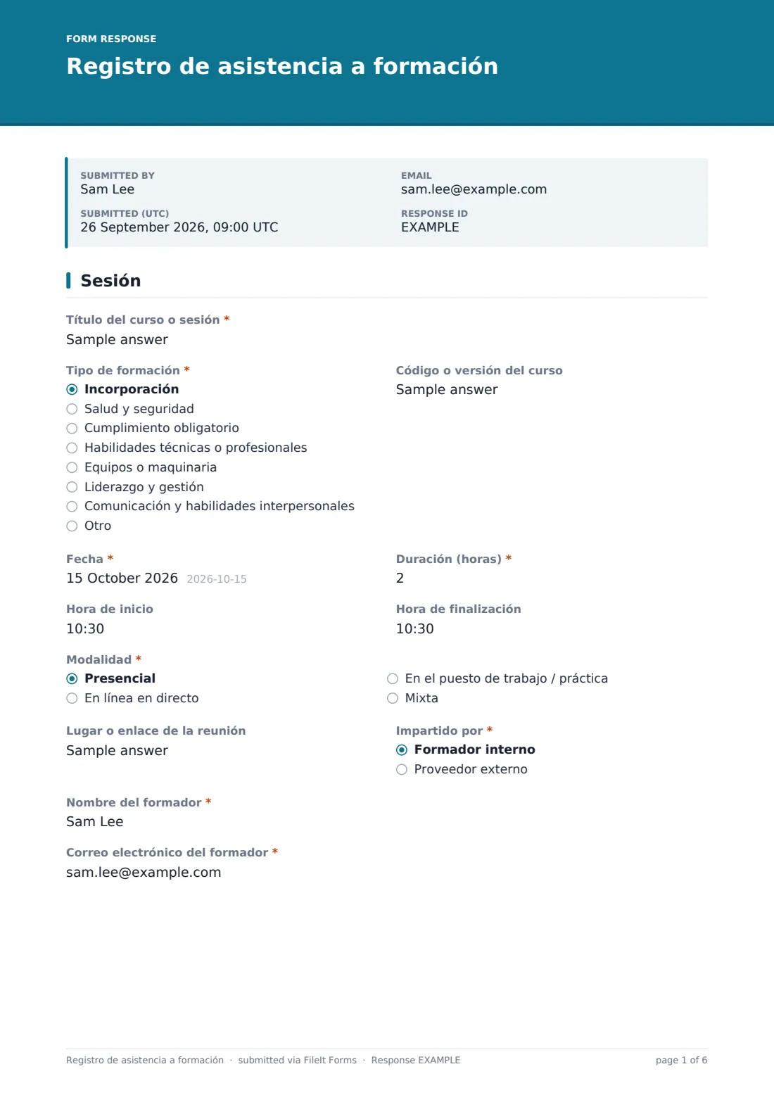 Registro de asistencia a formación — PDF de respuesta de ejemplo, página 1 de 6