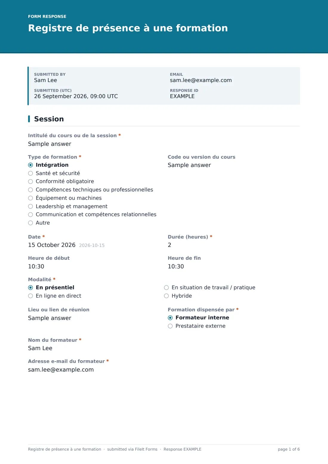 Registre de présence à une formation — exemple de réponse au format PDF, page 1 sur 6