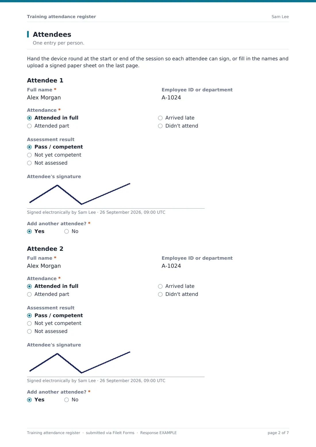 Training attendance register — example response PDF, page 2 of 7