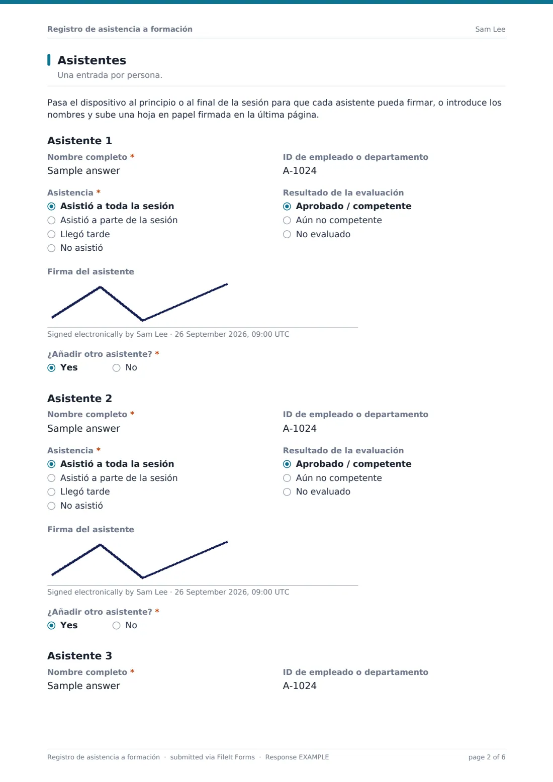 Registro de asistencia a formación — PDF de respuesta de ejemplo, página 2 de 6