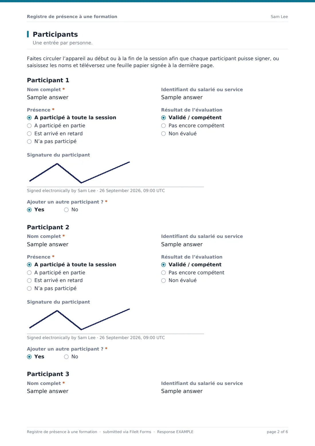 Registre de présence à une formation — exemple de réponse au format PDF, page 2 sur 6