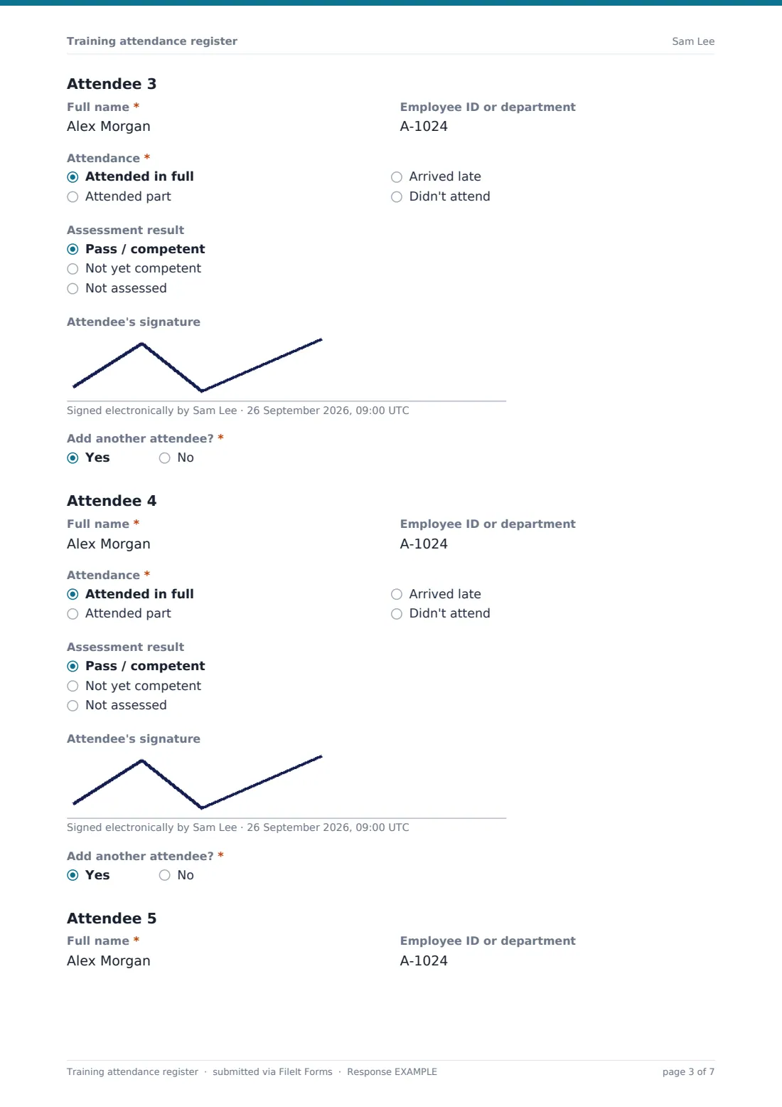 Training attendance register — example response PDF, page 3 of 7
