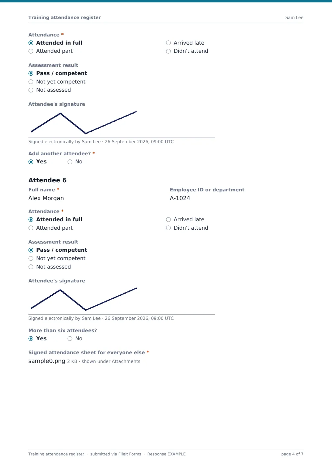 Training attendance register — example response PDF, page 4 of 7