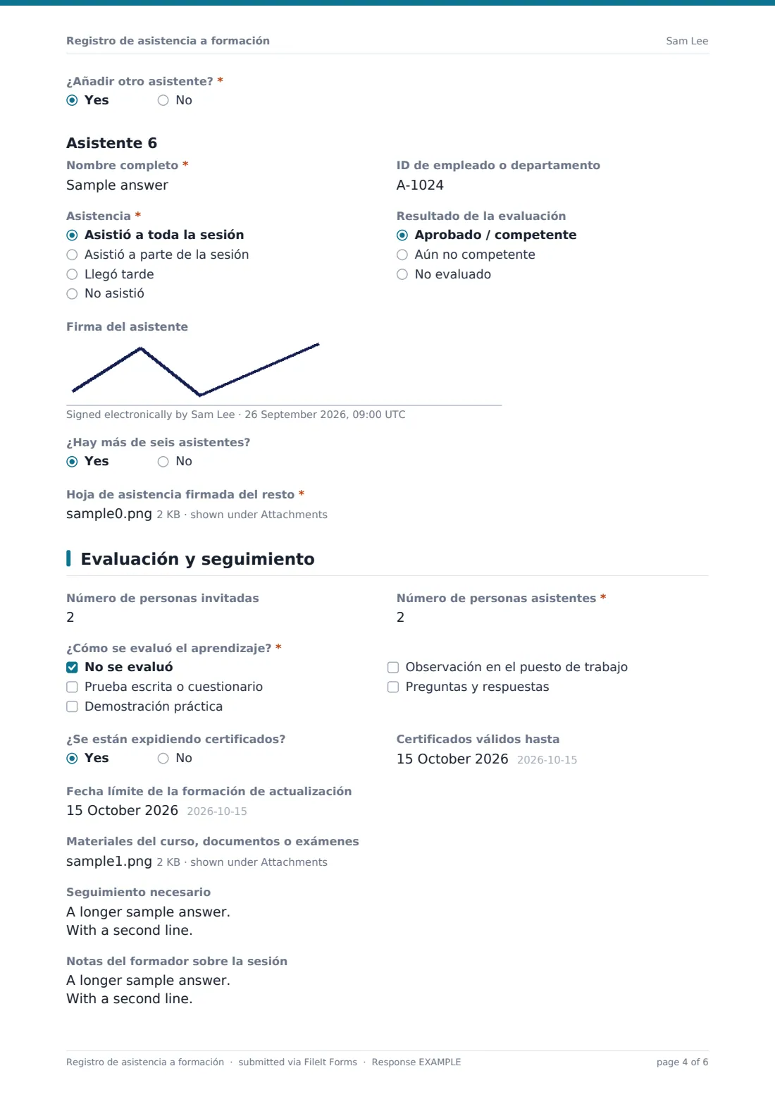 Registro de asistencia a formación — PDF de respuesta de ejemplo, página 4 de 6