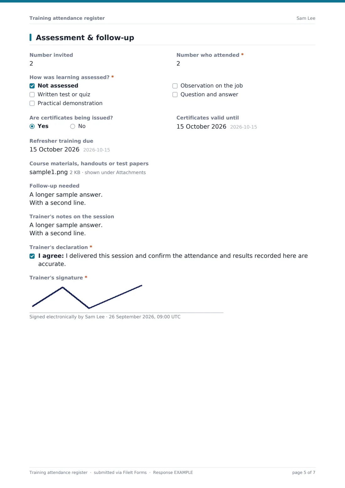 Training attendance register — example response PDF, page 5 of 7