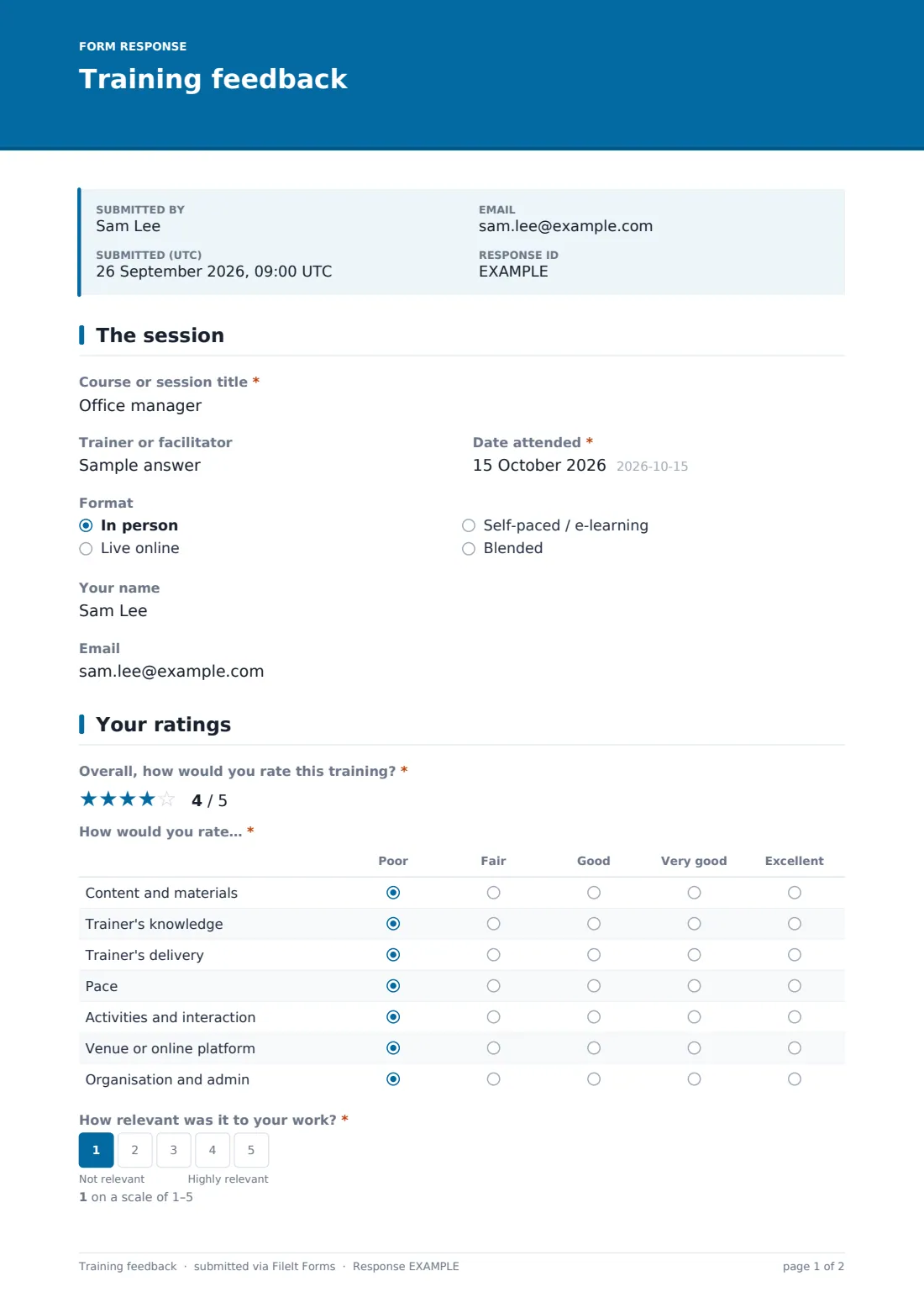 Training feedback — example response PDF, page 1 of 2