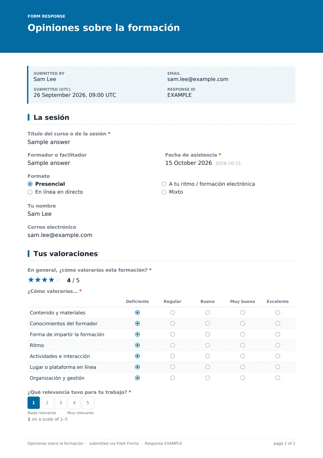 Opiniones sobre la formación — PDF de respuesta de ejemplo, página 1 de 2