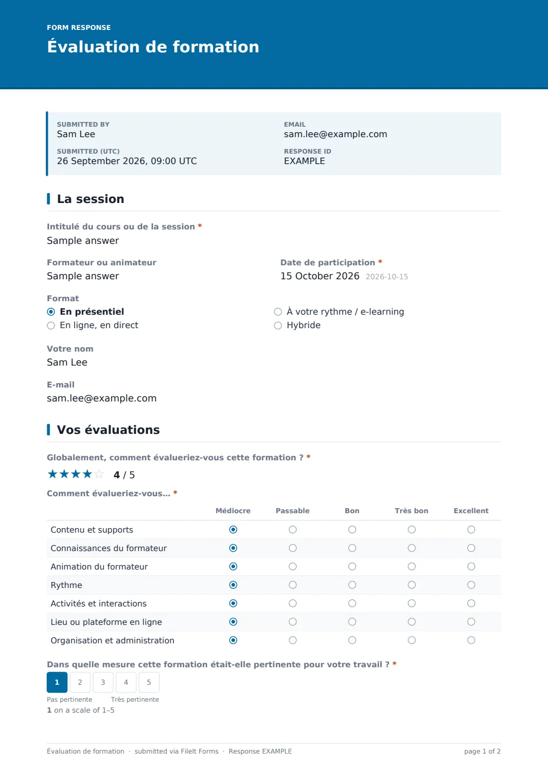 Évaluation de formation — exemple de réponse au format PDF, page 1 sur 2