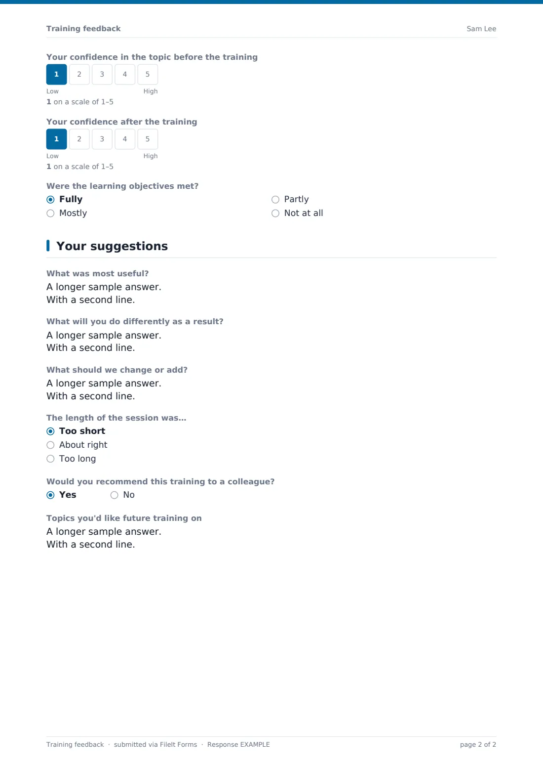 Training feedback — example response PDF, page 2 of 2