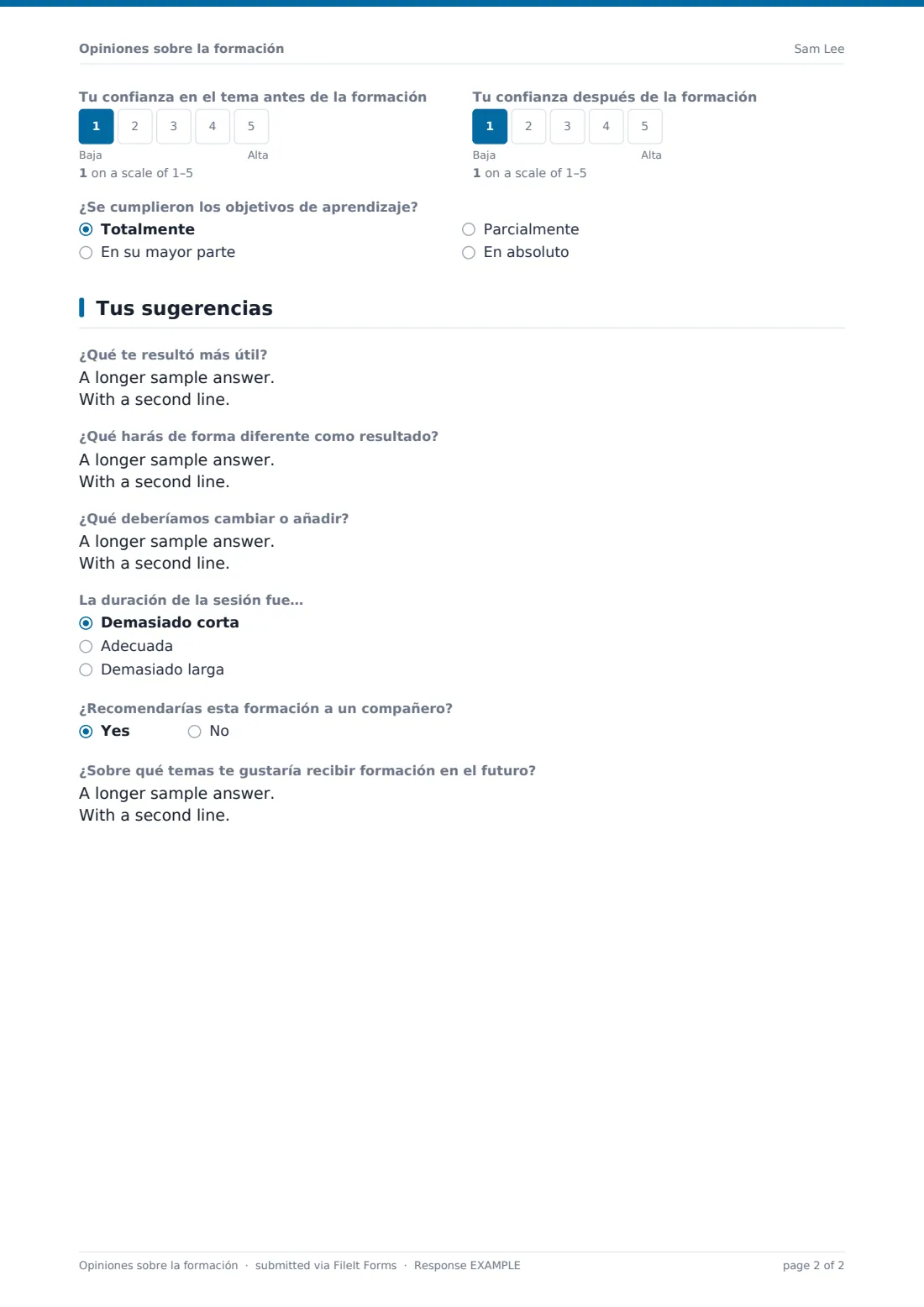 Opiniones sobre la formación — PDF de respuesta de ejemplo, página 2 de 2