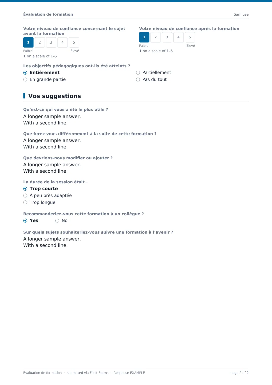 Évaluation de formation — exemple de réponse au format PDF, page 2 sur 2