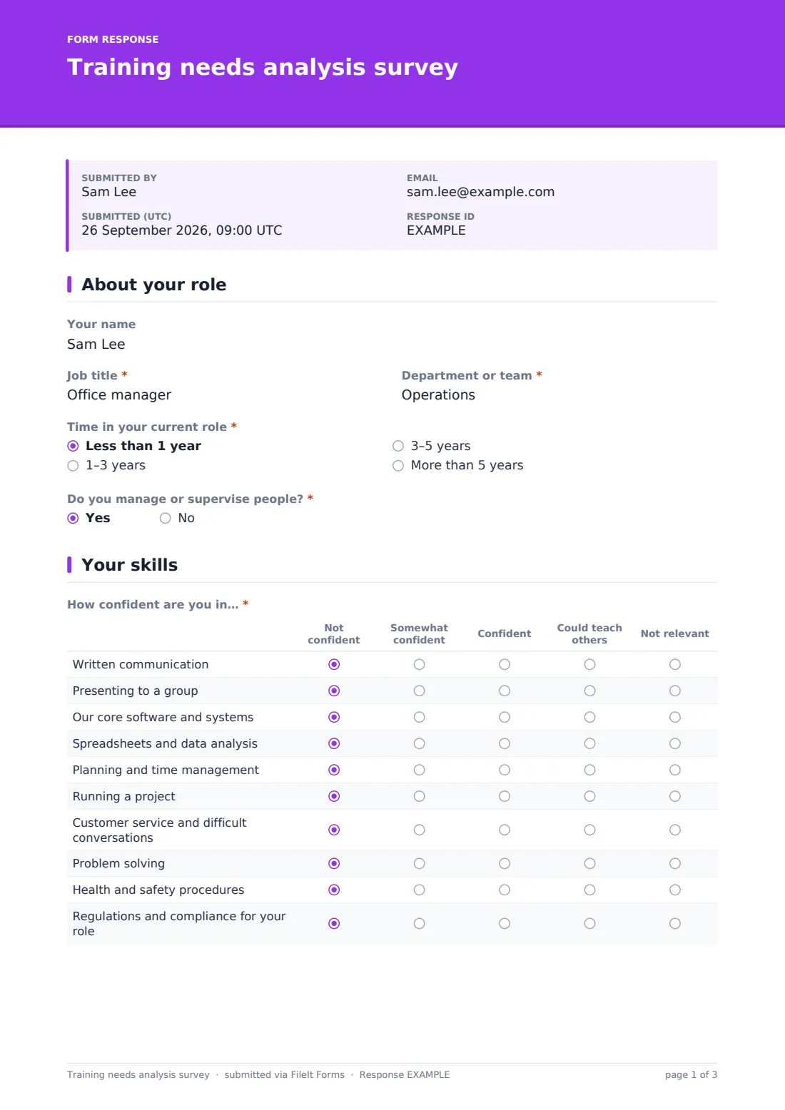 Training needs analysis survey — example response PDF, page 1 of 3