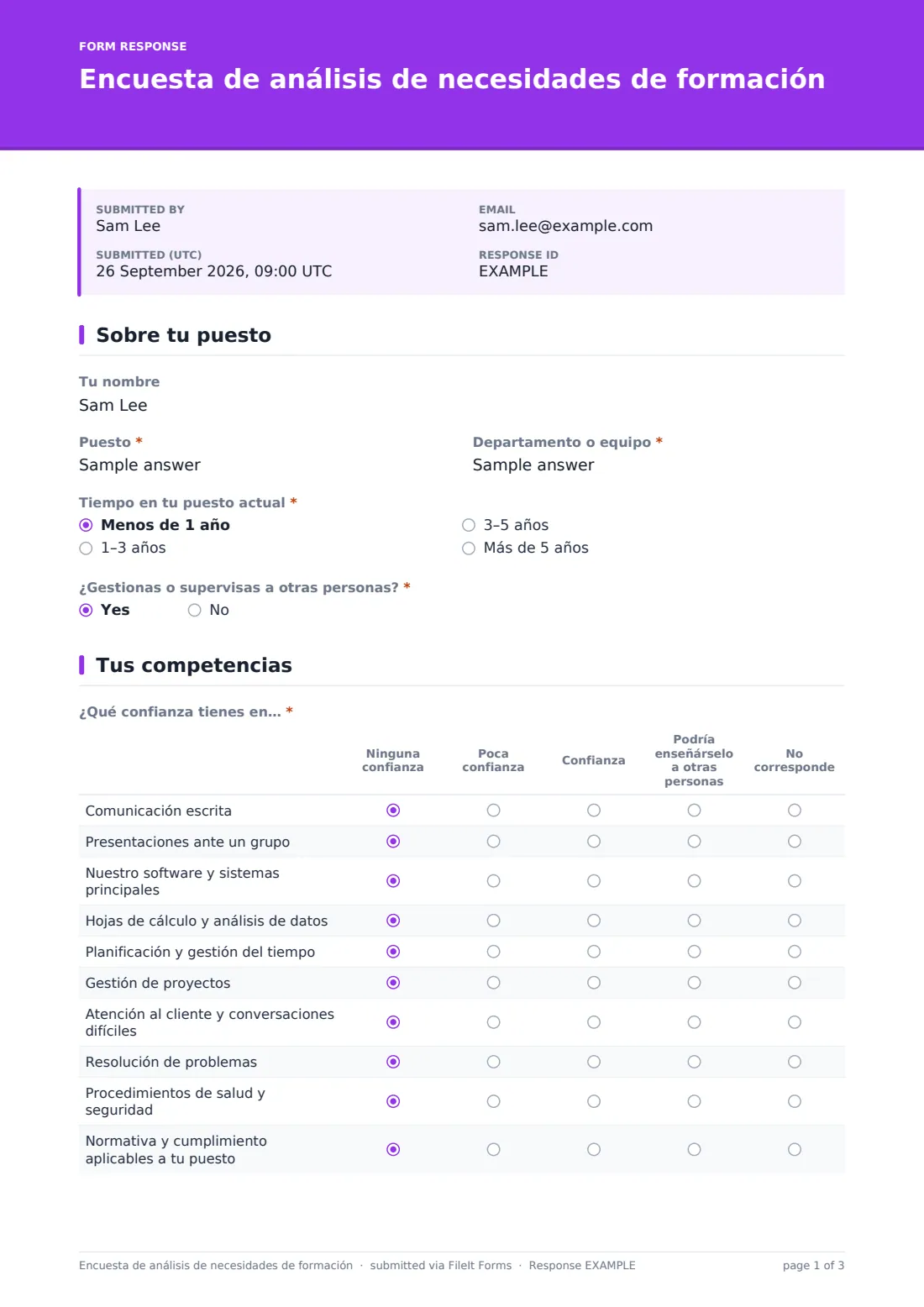 Encuesta de análisis de necesidades de formación — PDF de respuesta de ejemplo, página 1 de 3