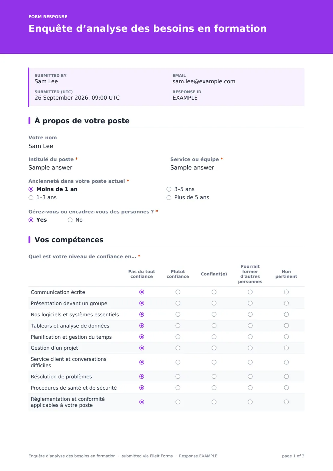 Enquête d’analyse des besoins en formation — exemple de réponse au format PDF, page 1 sur 3