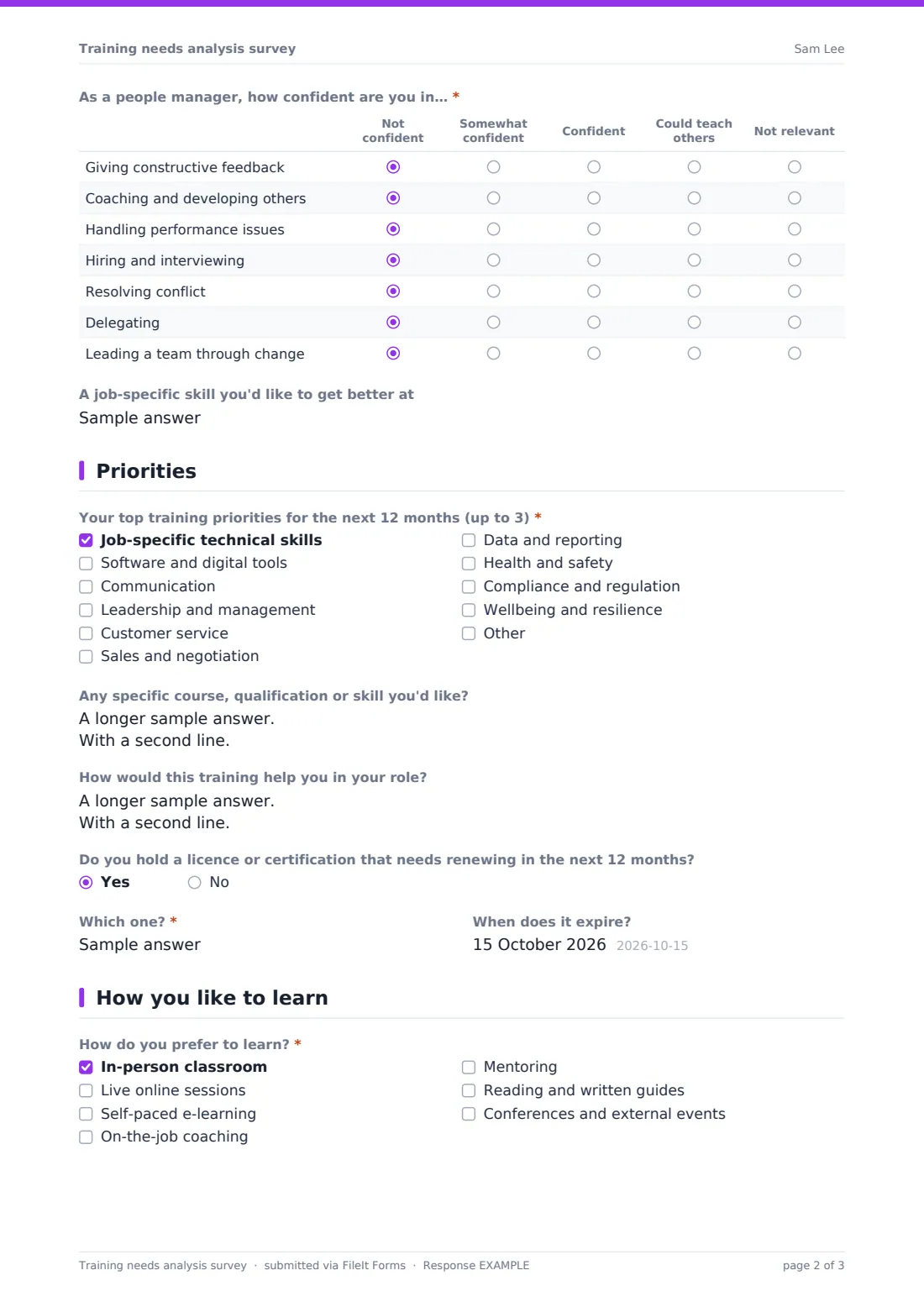 Training needs analysis survey — example response PDF, page 2 of 3