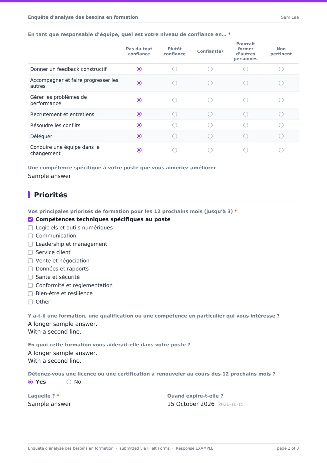 Enquête d’analyse des besoins en formation — exemple de réponse au format PDF, page 2 sur 3