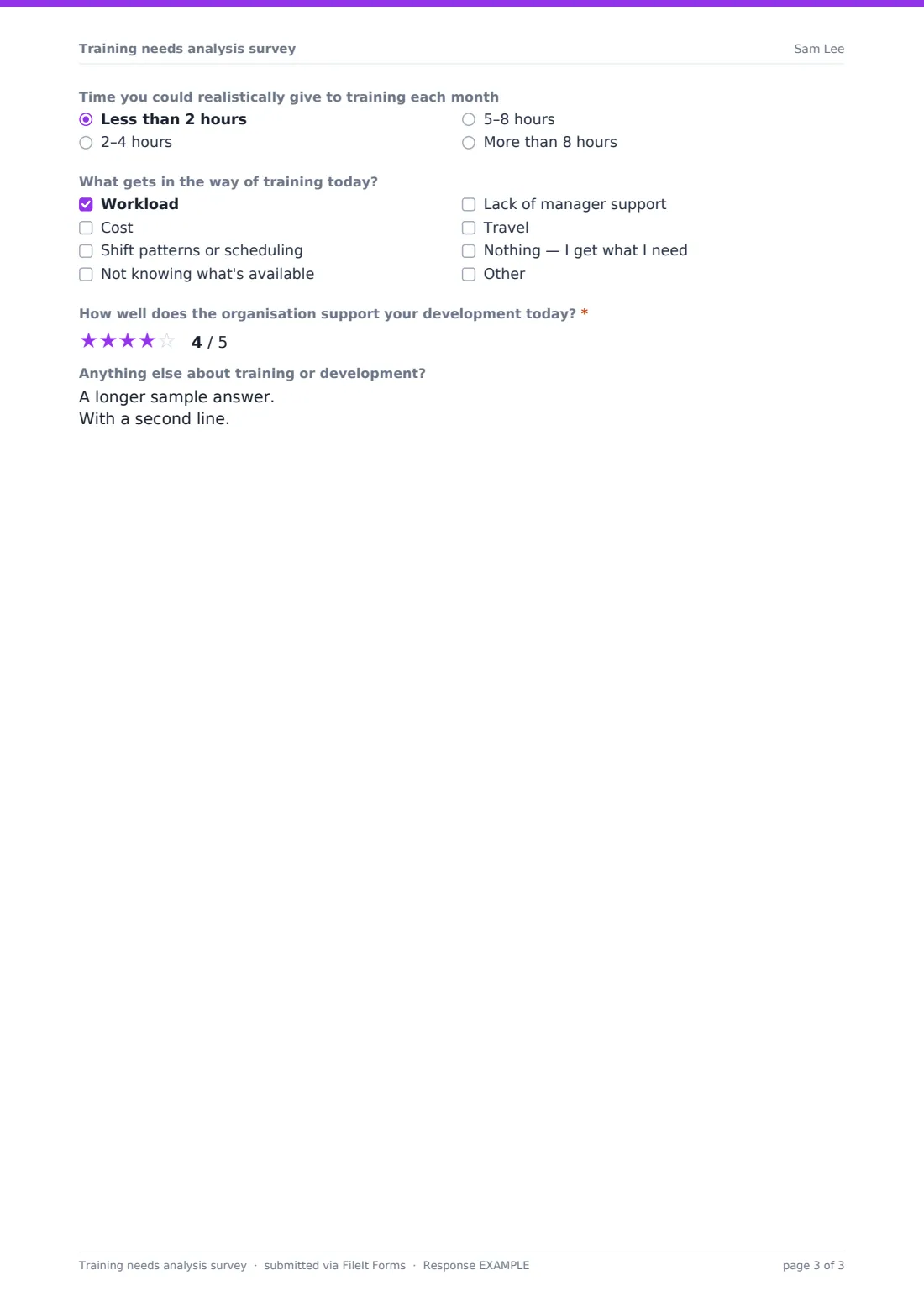 Training needs analysis survey — example response PDF, page 3 of 3