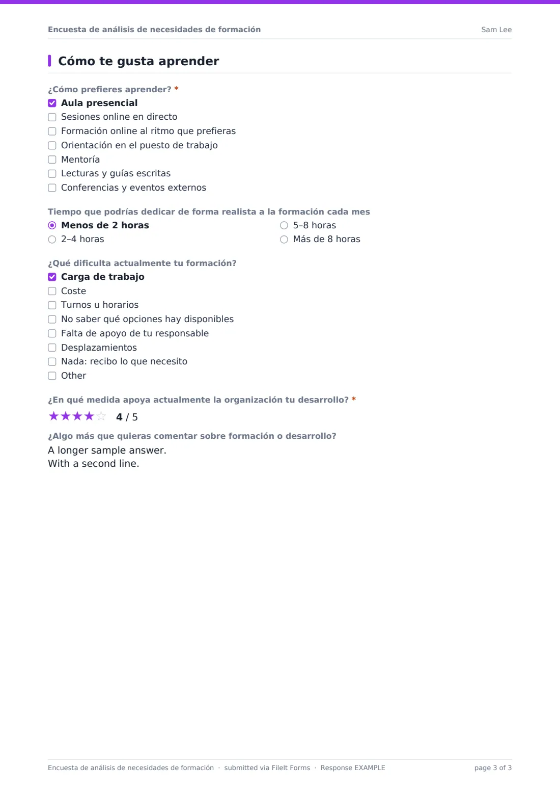 Encuesta de análisis de necesidades de formación — PDF de respuesta de ejemplo, página 3 de 3