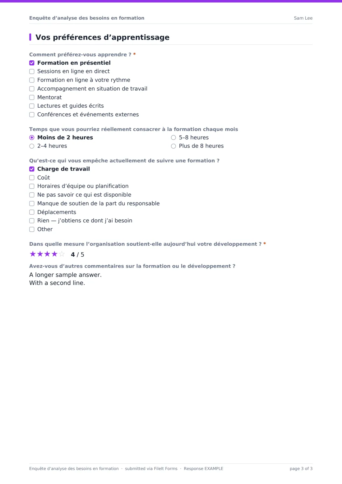 Enquête d’analyse des besoins en formation — exemple de réponse au format PDF, page 3 sur 3