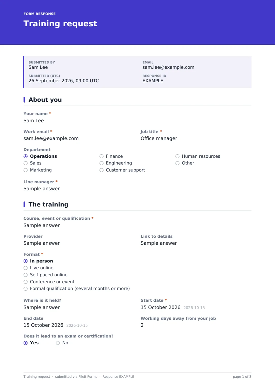 Training request — example response PDF, page 1 of 3
