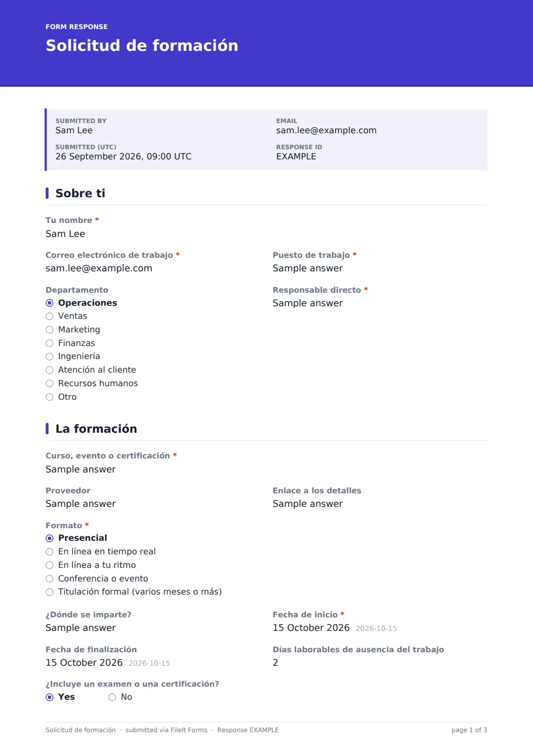 Solicitud de formación — PDF de respuesta de ejemplo, página 1 de 3