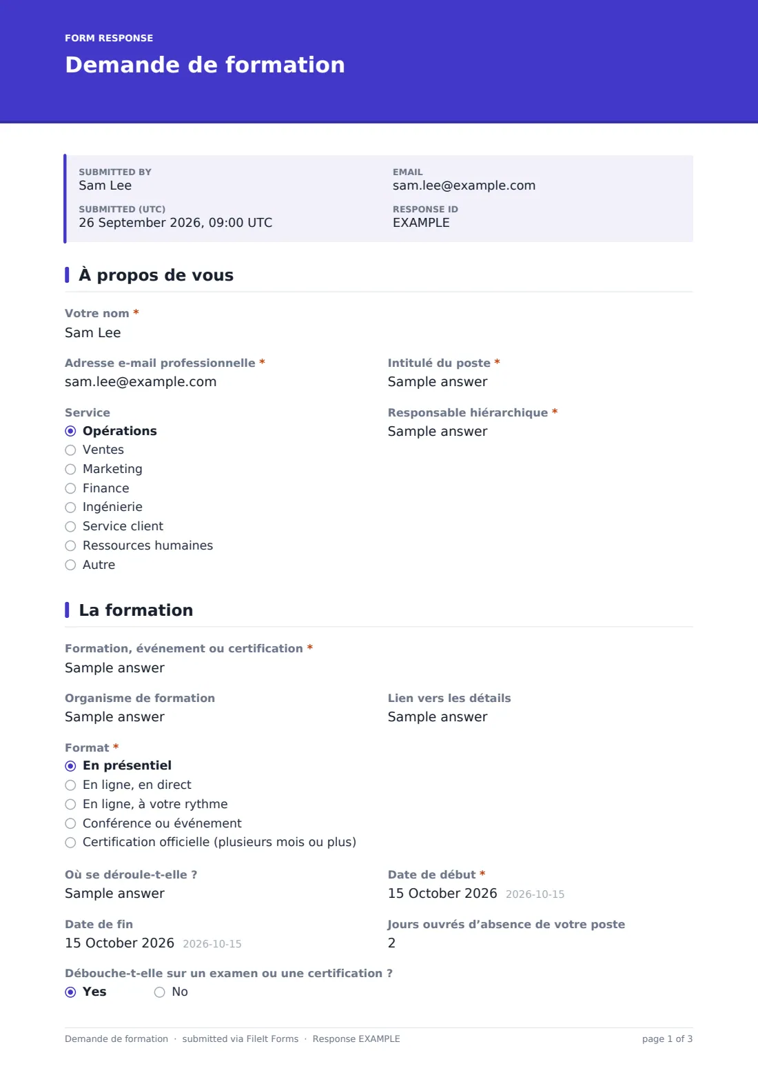 Demande de formation — exemple de réponse au format PDF, page 1 sur 3