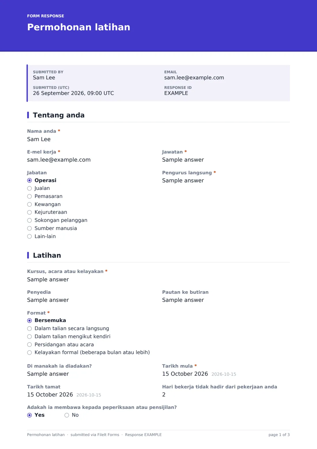 Permohonan latihan — PDF respons contoh, halaman 1 daripada 3