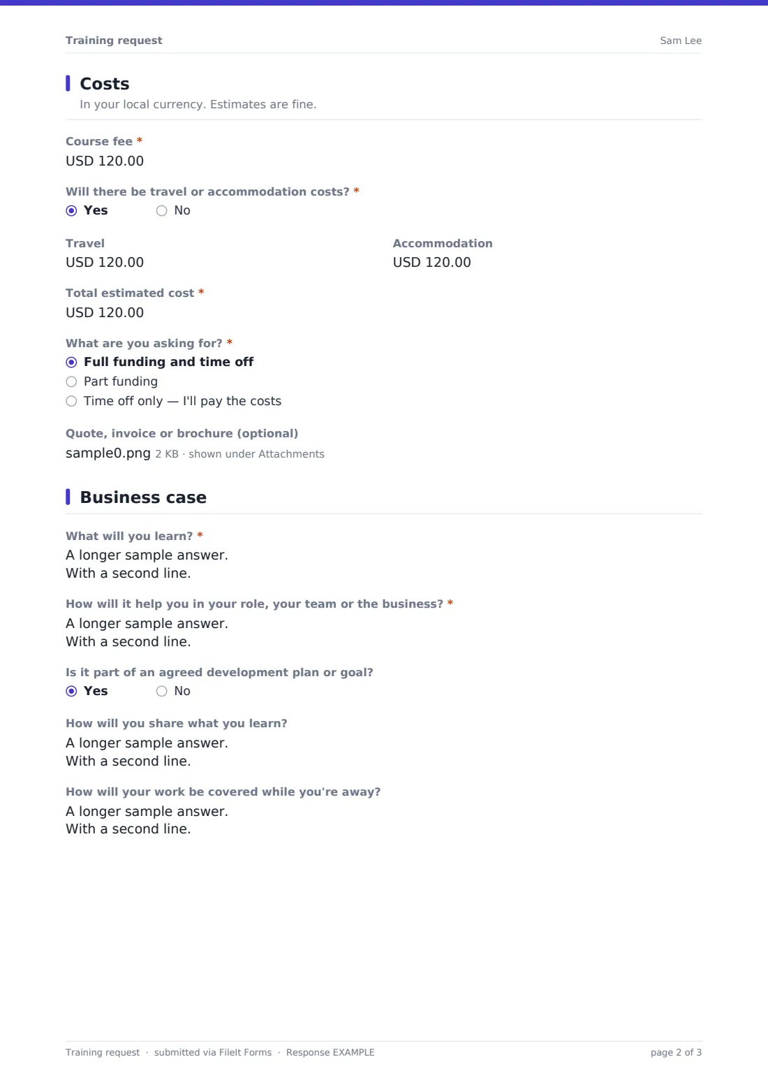 Training request — example response PDF, page 2 of 3