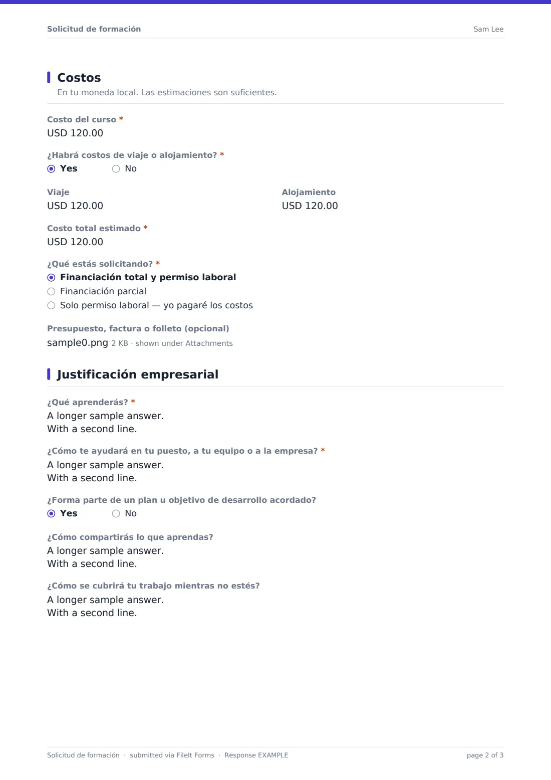 Solicitud de formación — PDF de respuesta de ejemplo, página 2 de 3