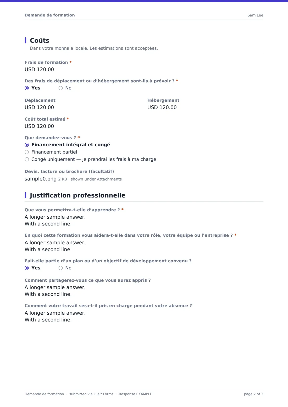 Demande de formation — exemple de réponse au format PDF, page 2 sur 3