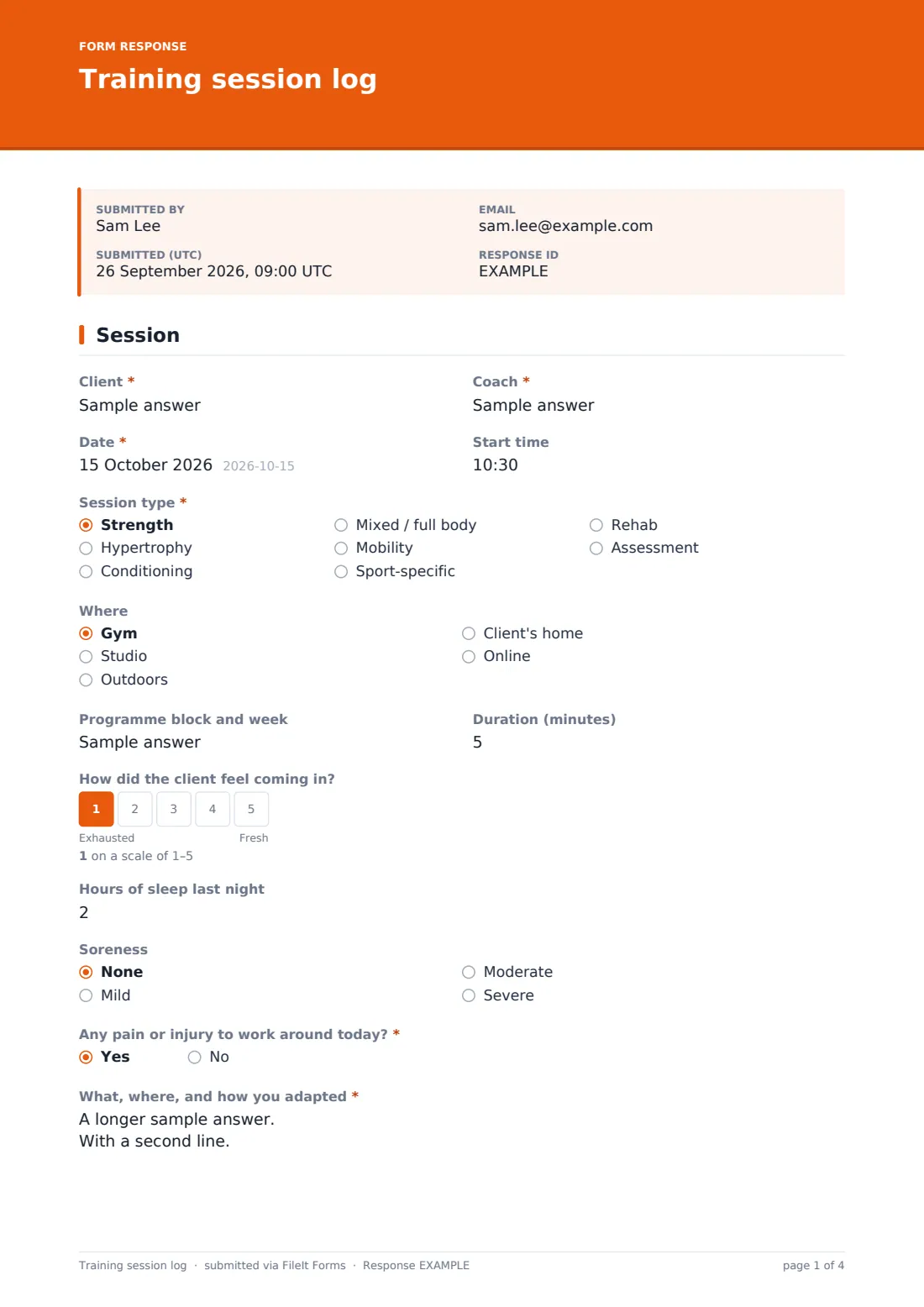 Training session log — example response PDF, page 1 of 4