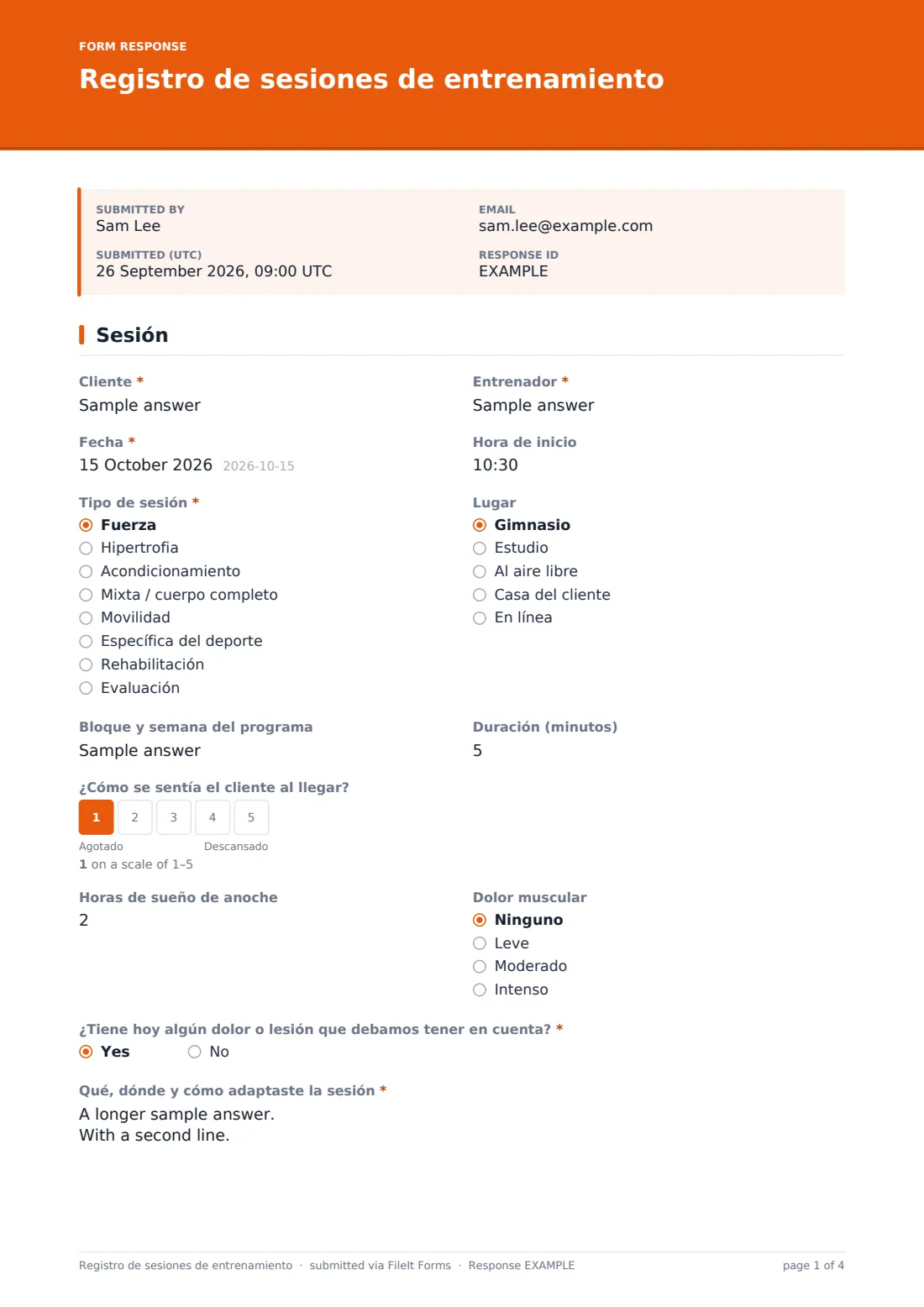 Registro de sesiones de entrenamiento — PDF de respuesta de ejemplo, página 1 de 4
