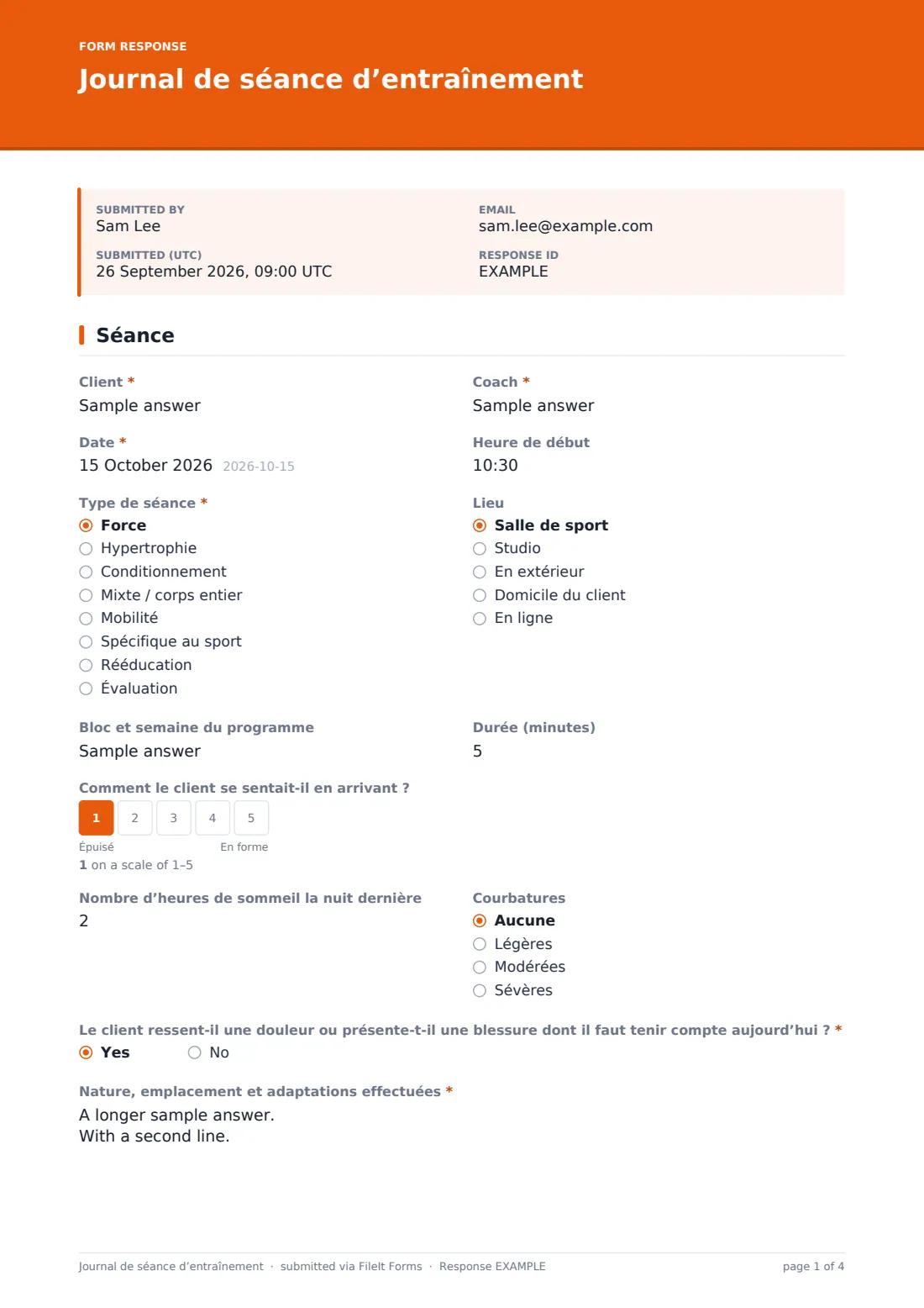 Journal de séance d’entraînement — exemple de réponse au format PDF, page 1 sur 4