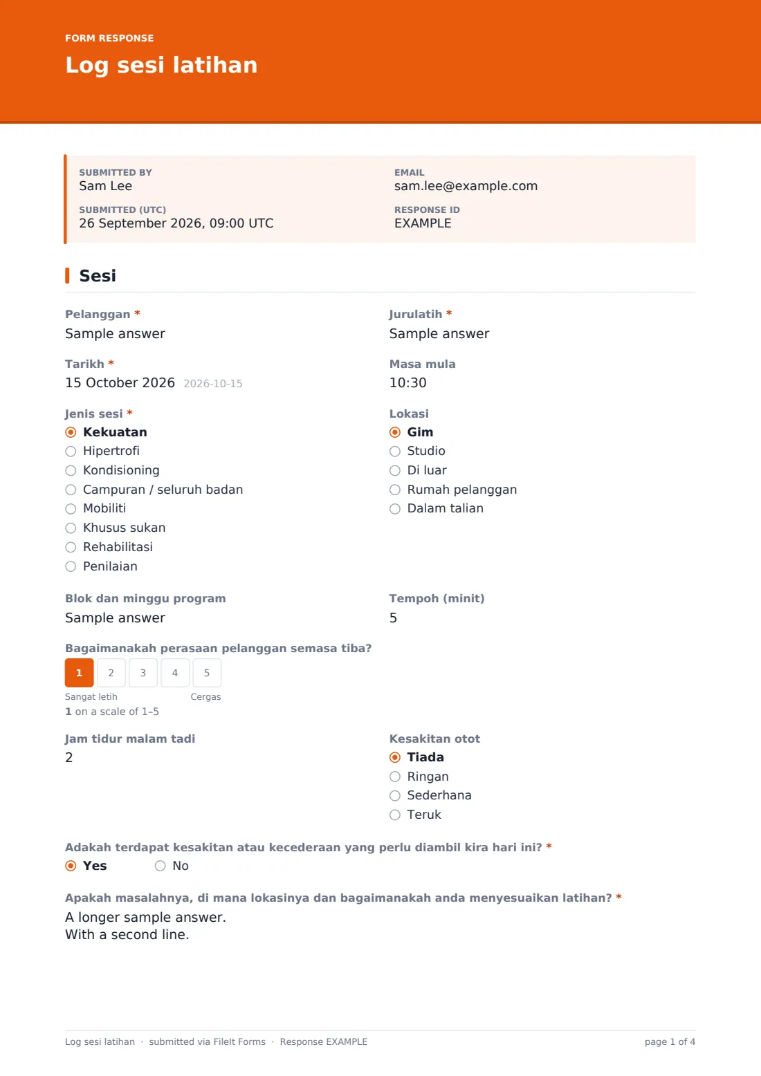 Log sesi latihan — PDF respons contoh, halaman 1 daripada 4