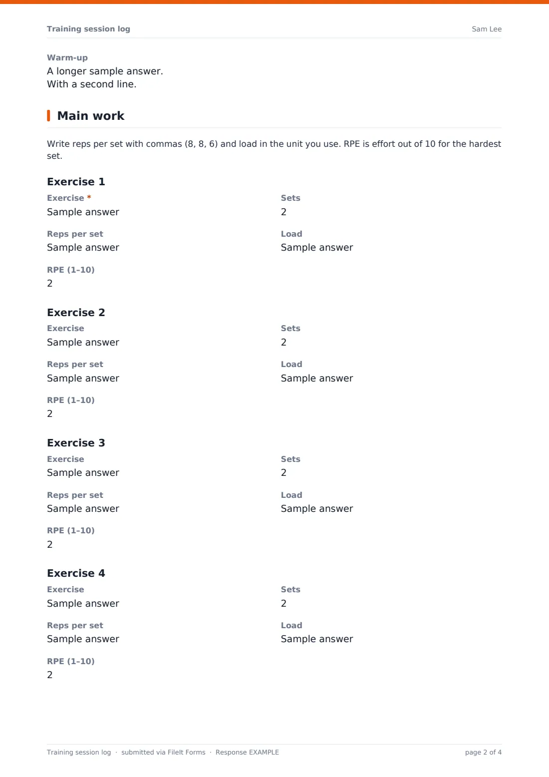 Training session log — example response PDF, page 2 of 4