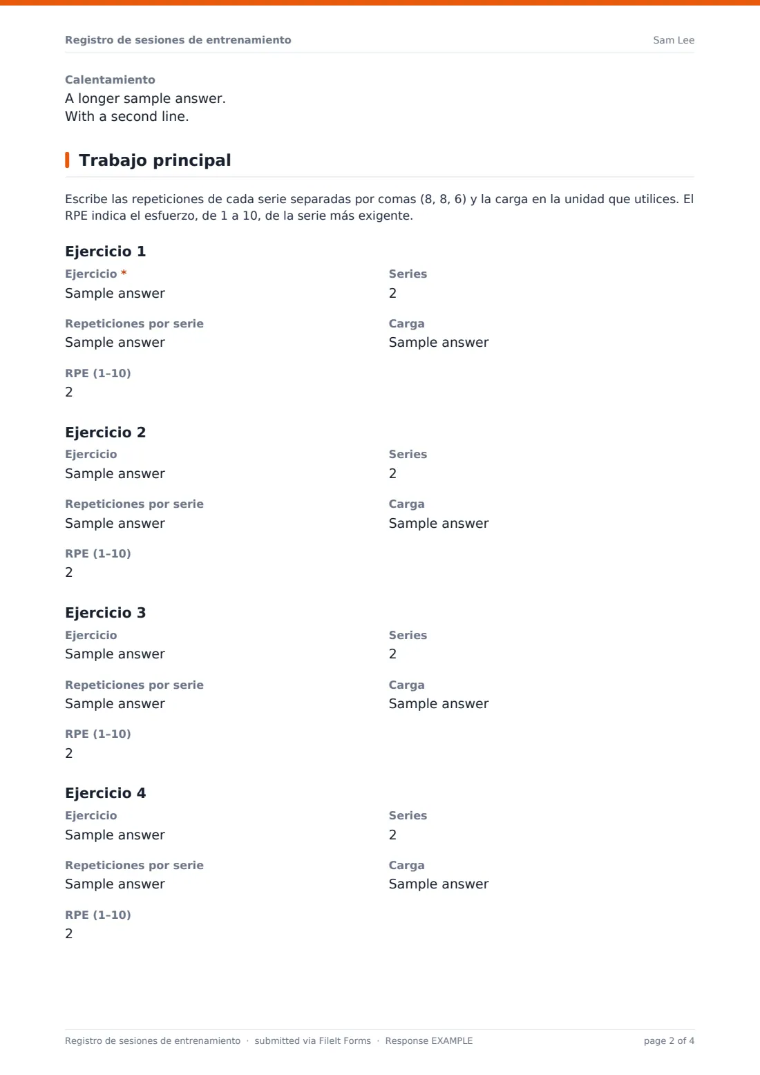 Registro de sesiones de entrenamiento — PDF de respuesta de ejemplo, página 2 de 4