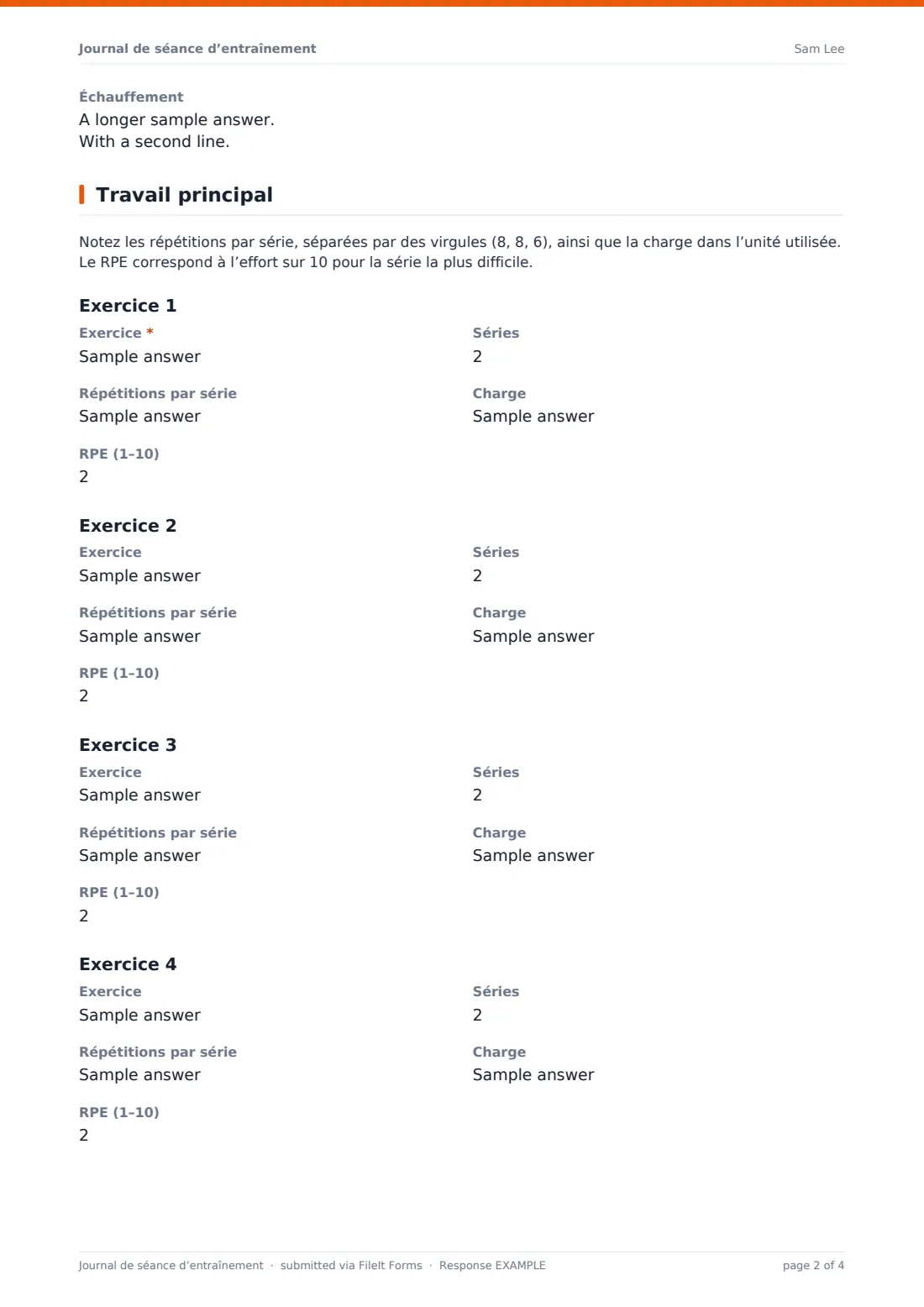 Journal de séance d’entraînement — exemple de réponse au format PDF, page 2 sur 4