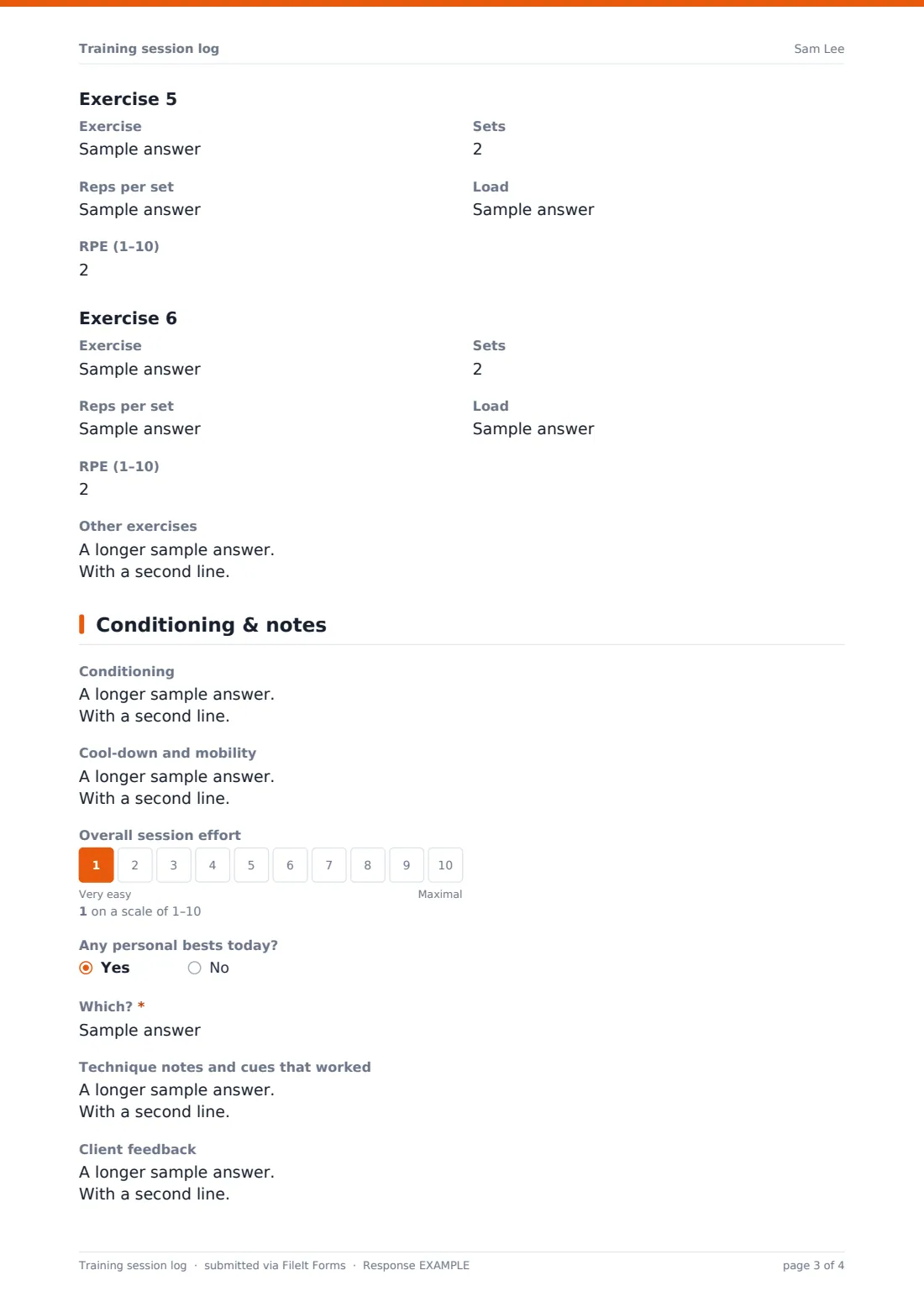 Training session log — example response PDF, page 3 of 4