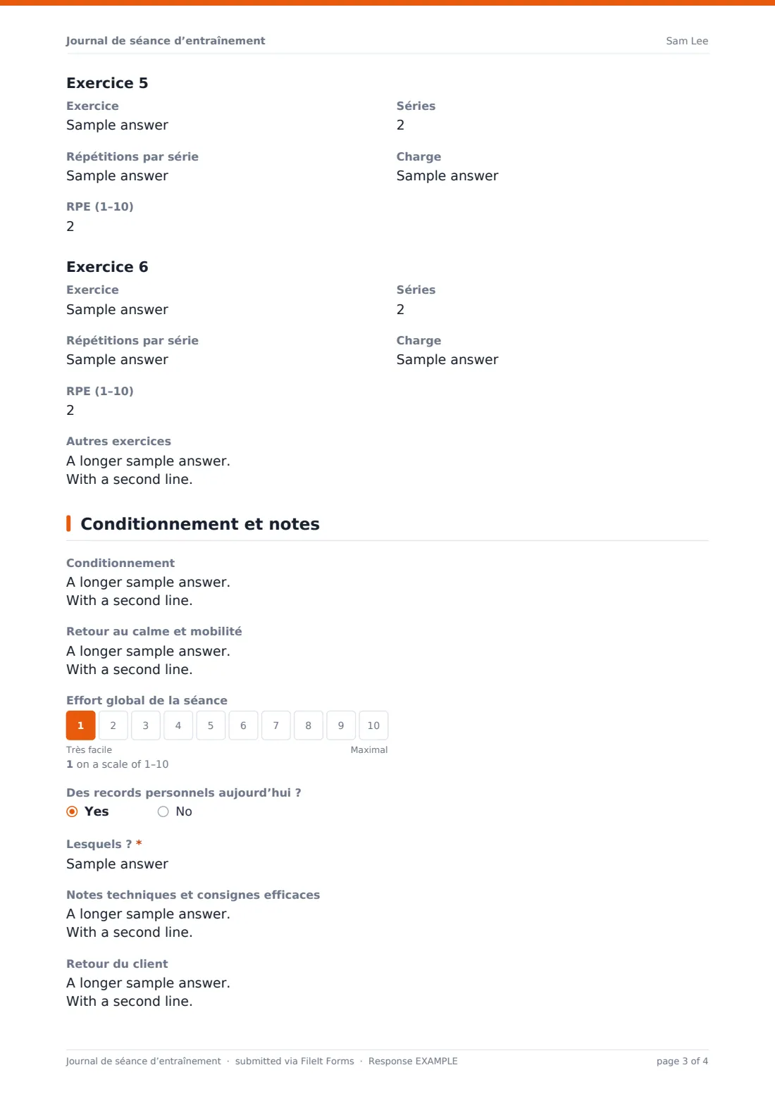 Journal de séance d’entraînement — exemple de réponse au format PDF, page 3 sur 4
