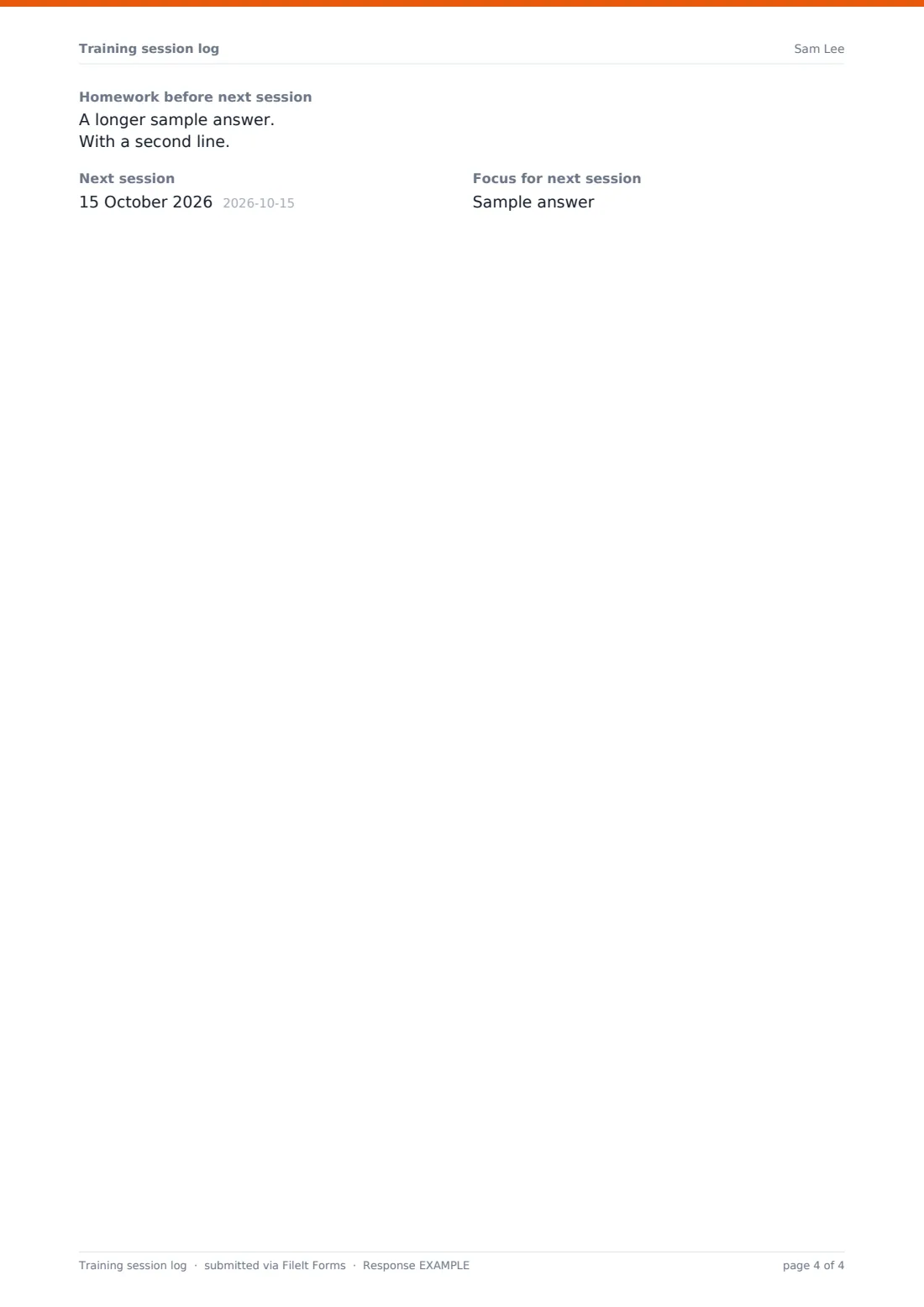 Training session log — example response PDF, page 4 of 4