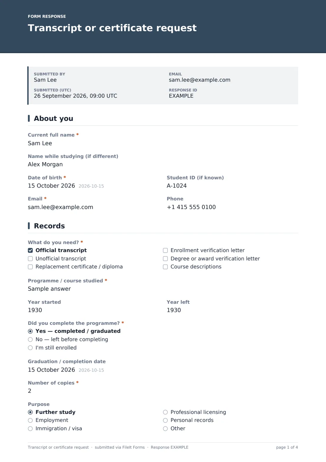 Transcript or certificate request — example response PDF, page 1 of 4