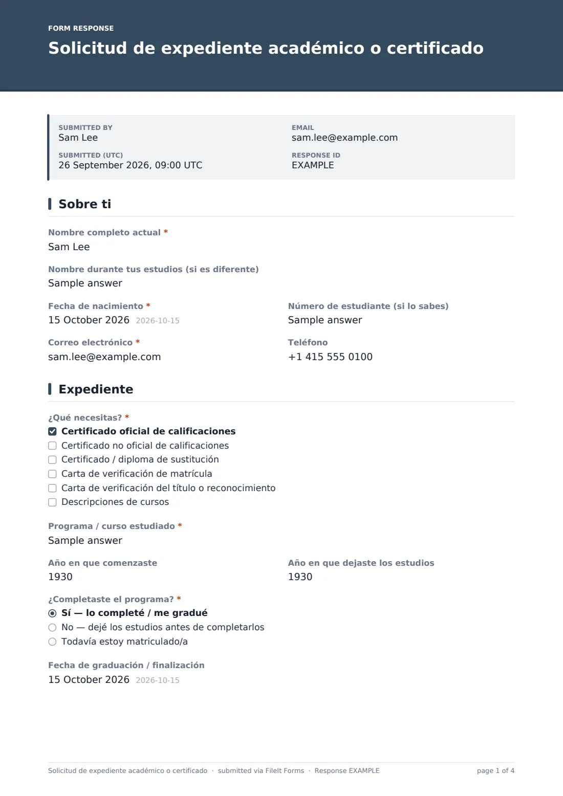 Solicitud de expediente académico o certificado — PDF de respuesta de ejemplo, página 1 de 4